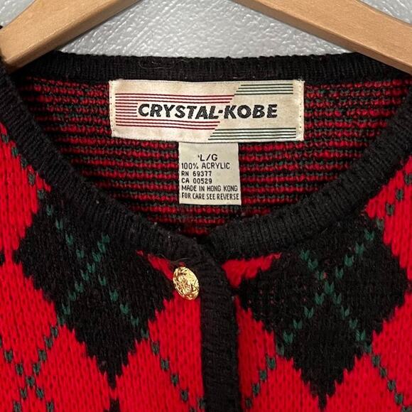 Vintage Boxy Red Argyle Plaid Sweater Size L Cardigan Gold Buttons Twee Academia - Picture 6 of 9